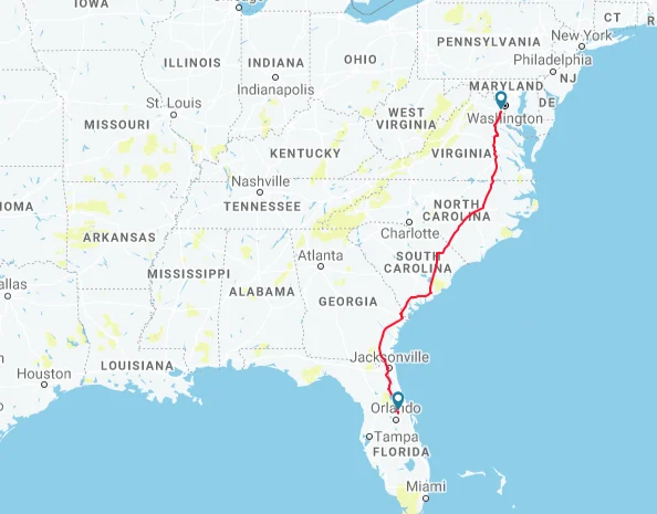 Amtrak’s Auto Train Route Map
